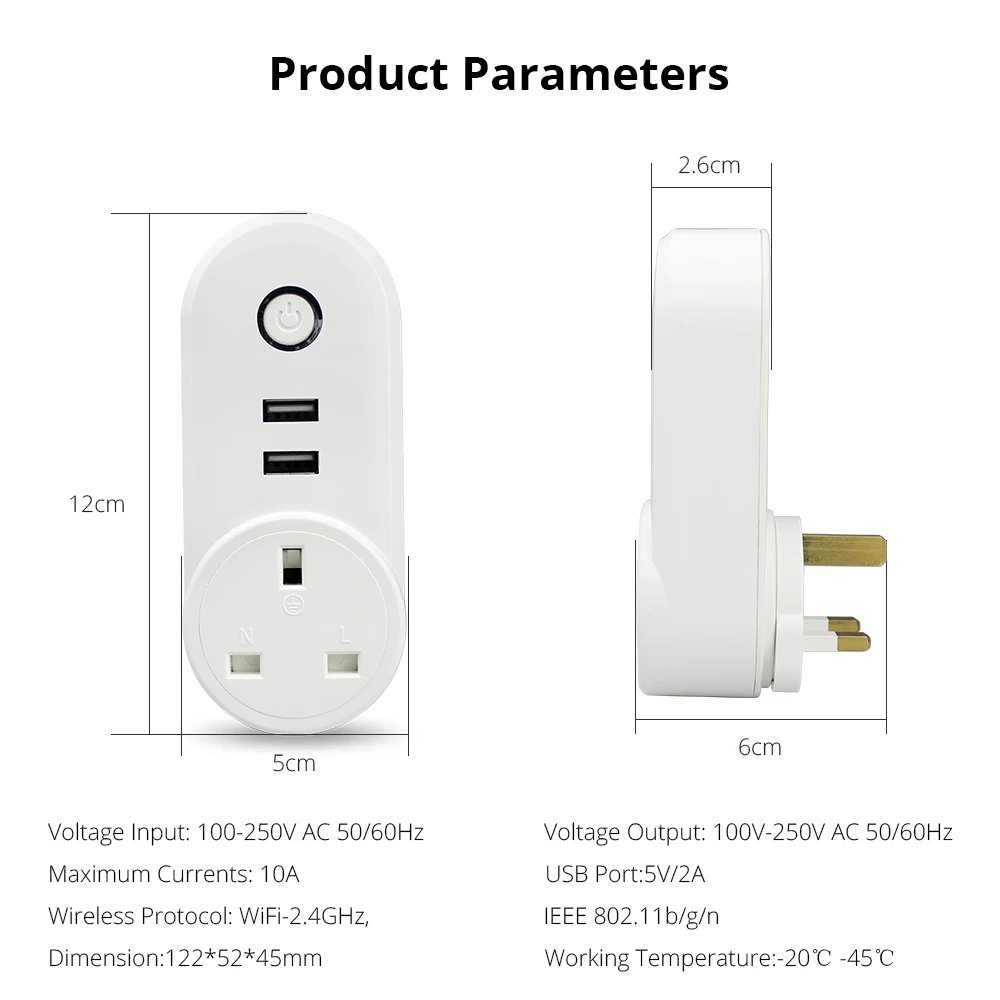 Smart WiFi Power UK Plug Outlet Socket with USB Tuya App Control Timer Function Work with Alexa Google Home assistant