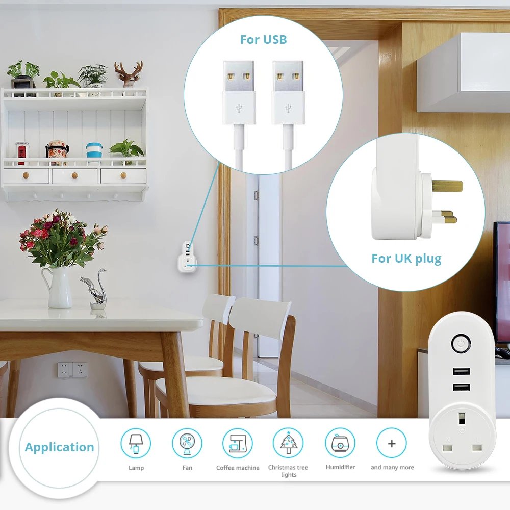 Smart WiFi Power UK Plug Outlet Socket with USB Tuya App Control Timer Function Work with Alexa Google Home assistant