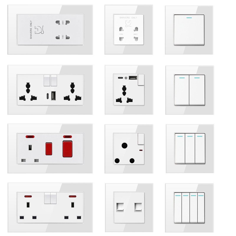 high quality wall UK socket 220V luxury glass type c double wall switch socket wall mounted electric socket uk plug