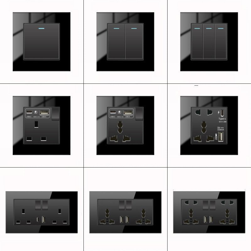 high quality wall UK socket 220V luxury glass type c double wall switch socket wall mounted electric socket uk plug