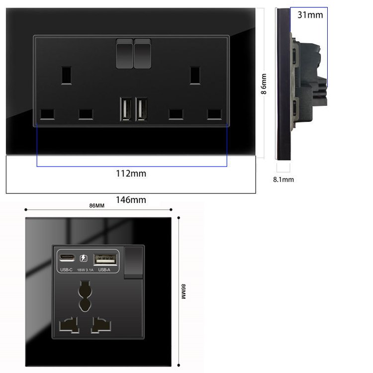 high quality wall UK socket 220V luxury glass type c double wall switch socket wall mounted electric socket uk plug