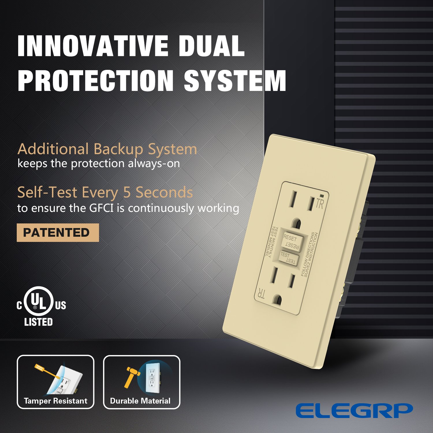 15-Amp 125V Residential grounding narrow design UL&CUL Self-Test TR GFCI receptacle with screws