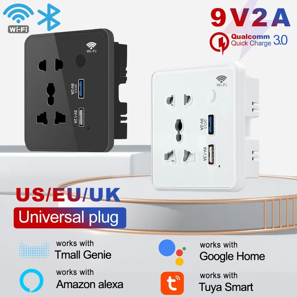 Glomarket US/EU/UK Universal Socket WiFi Smart Wall Socket 2 USB Quick Charger 10A Electric Plug Tuya Smart Wall Socket