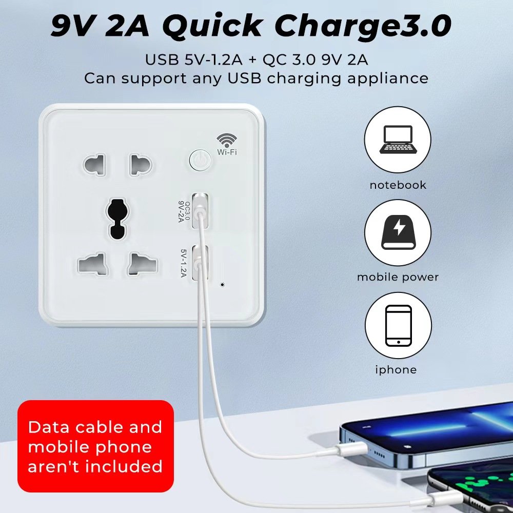 Glomarket US/EU/UK Universal Socket WiFi Smart Wall Socket 2 USB Quick Charger 10A Electric Plug Tuya Smart Wall Socket