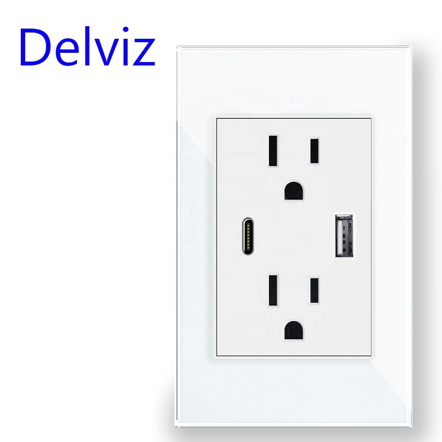 Delviz Tempered Glass Panel 120mm*72mm, USBA+USBC 5V 2A, 16A Wall plug Electrical Outlet, US Standard Type-C USB Charging Socket