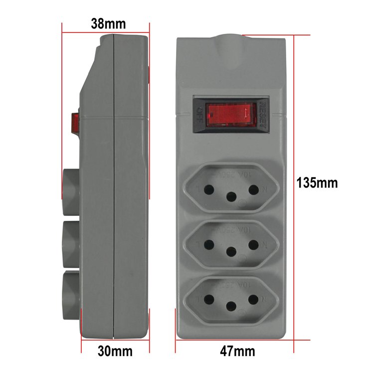 Brazilian Type Extension Power Socket 3 Outlets 2m Wire Cord 10A Rated Current Electrical Plug Power Strip