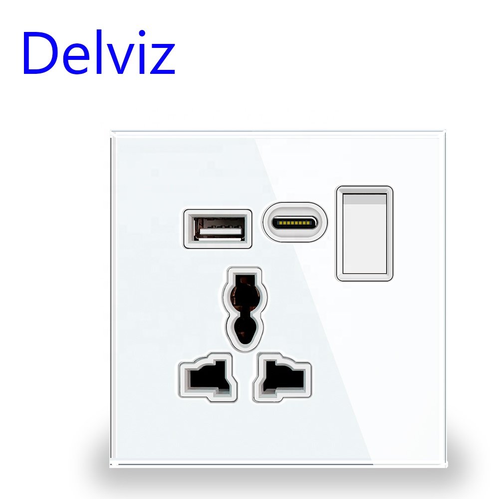 Delviz With Switch control, Crystal Glass Panel 13A Electric plug Outlet, 5V2A USB C Port Type-C Universal Power Wall USB Socket