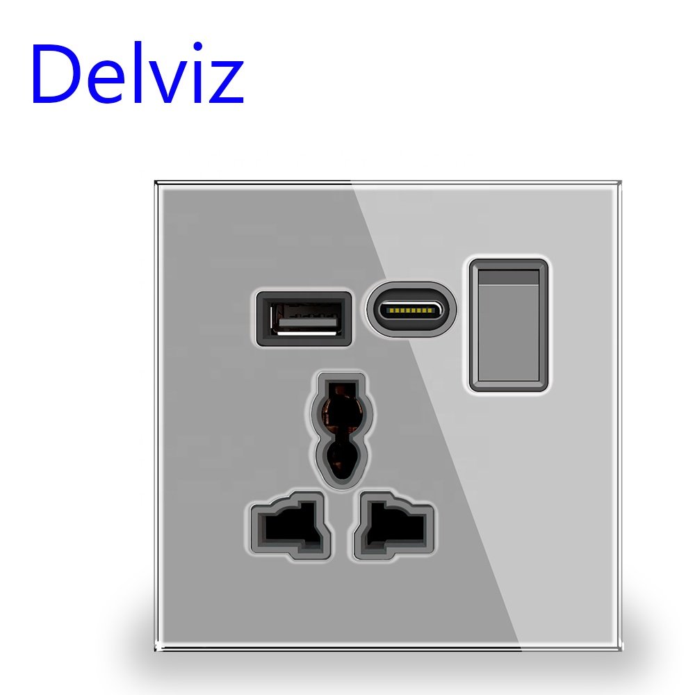 Delviz With Switch control, Crystal Glass Panel 13A Electric plug Outlet, 5V2A USB C Port Type-C Universal Power Wall USB Socket