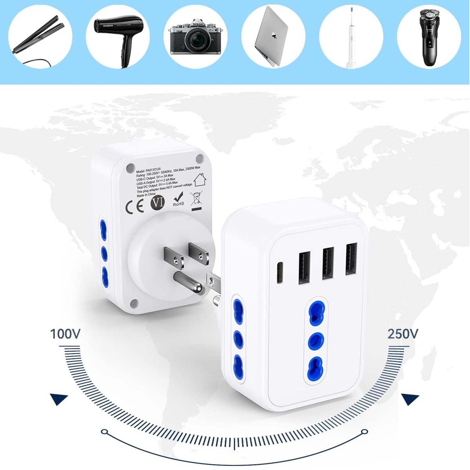 US Travel Plug Adapter 3 IT 4 USB Sockets Electric Multi Socket Wall Plug Power Strips 250V 10A UK Standard OEM Customizable CN