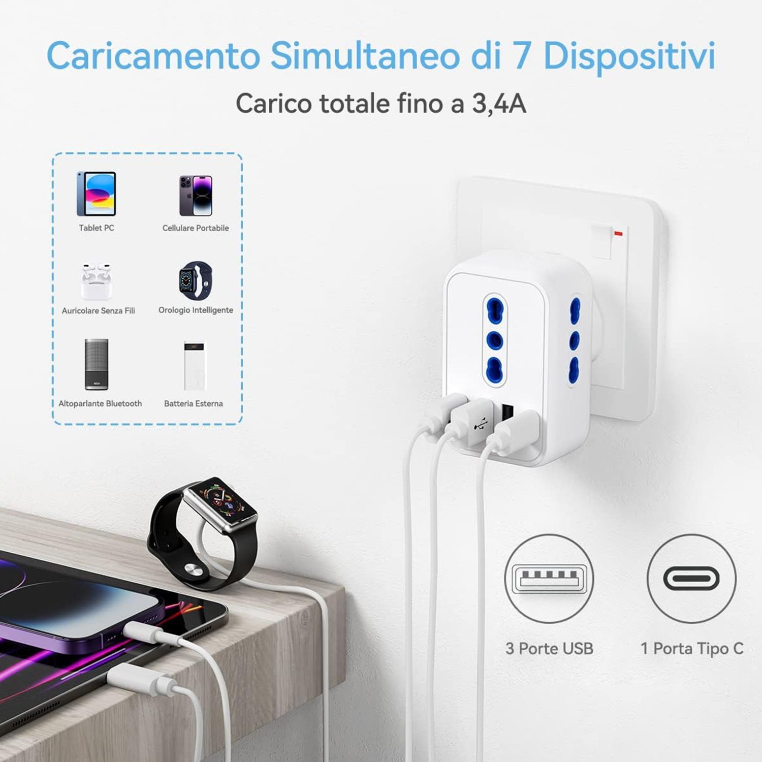 US Travel Plug Adapter 3 IT 4 USB Sockets Electric Multi Socket Wall Plug Power Strips 250V 10A UK Standard OEM Customizable CN