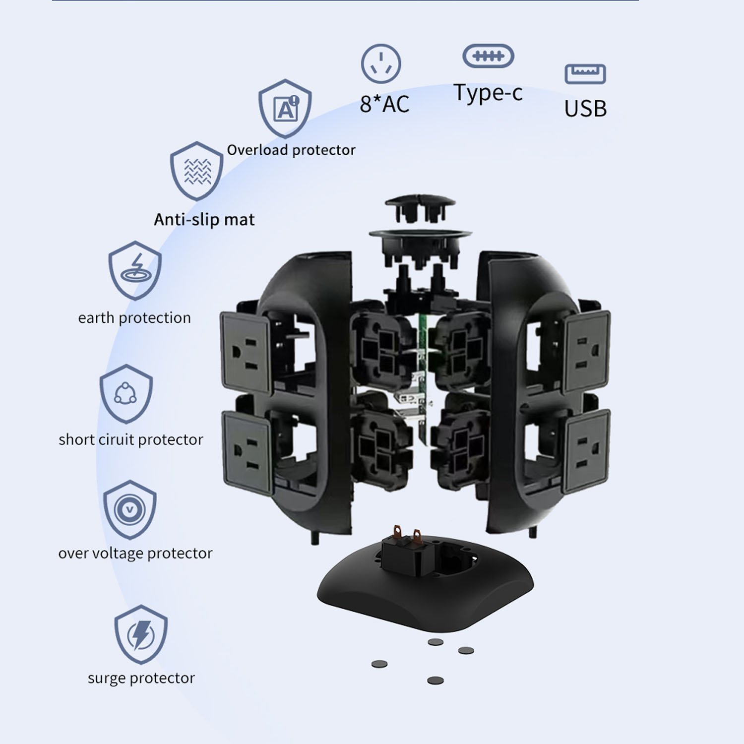 Supplier Wholesale 8 Way 4 USB Ports Electrical Outlet Surge Protector Universal Plug Socket