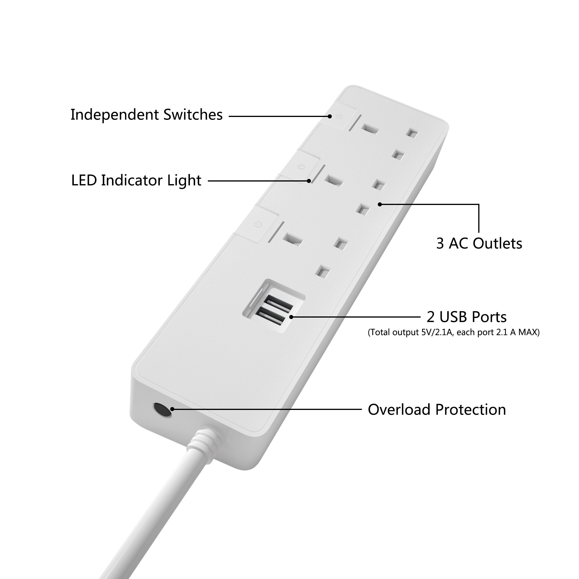 Multi Plug UK Wall Mounted Power Strip 3 4 5 Way Outlets 2 USB Ports Electrical Extension Socket With Surge Protection Switch