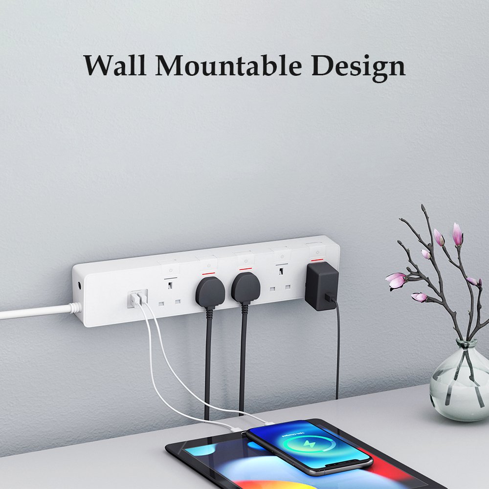 Multi Plug UK Wall Mounted Power Strip 3 4 5 Way Outlets 2 USB Ports Electrical Extension Socket With Surge Protection Switch