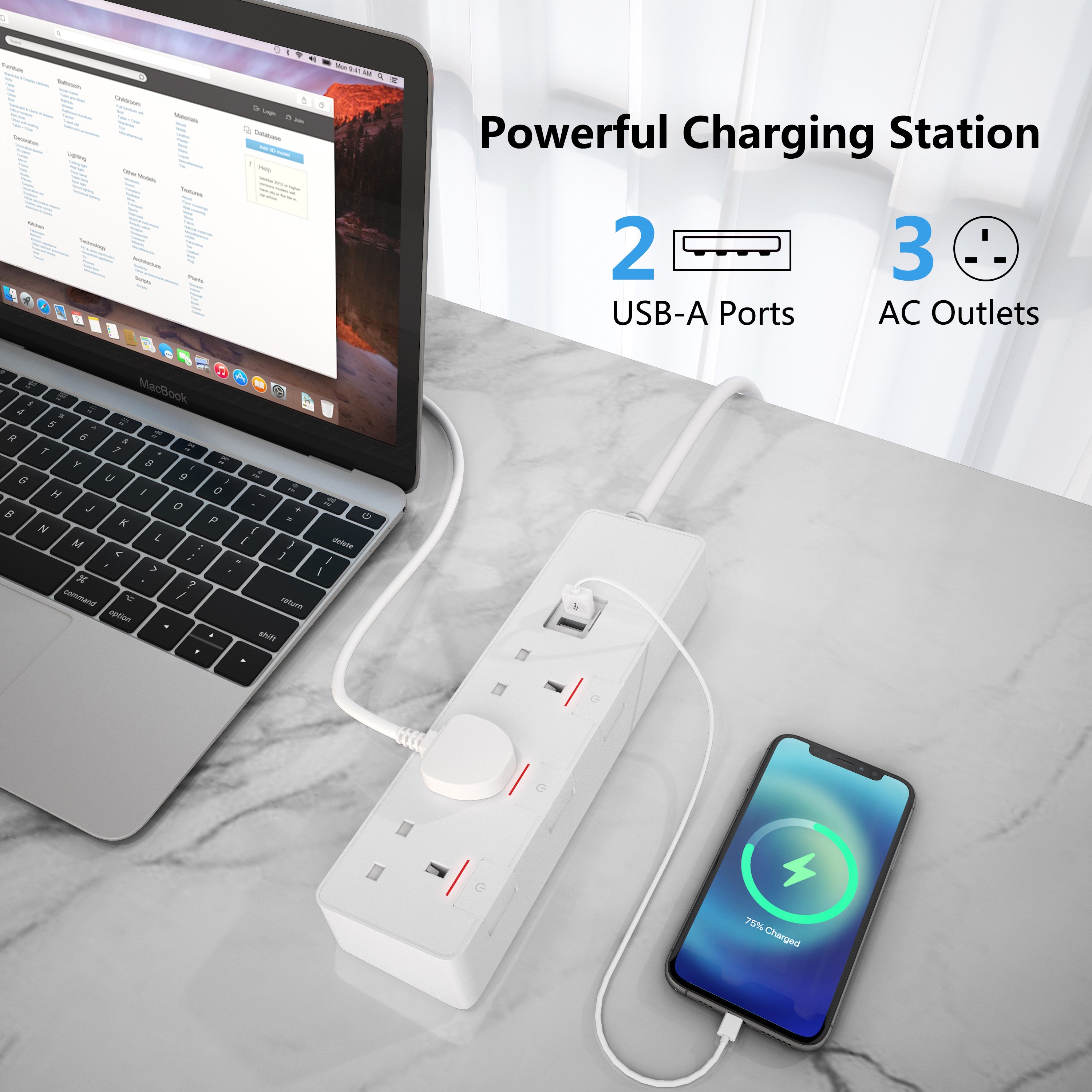 Multi Plug UK Wall Mounted Power Strip 3 4 5 Way Outlets 2 USB Ports Electrical Extension Socket With Surge Protection Switch