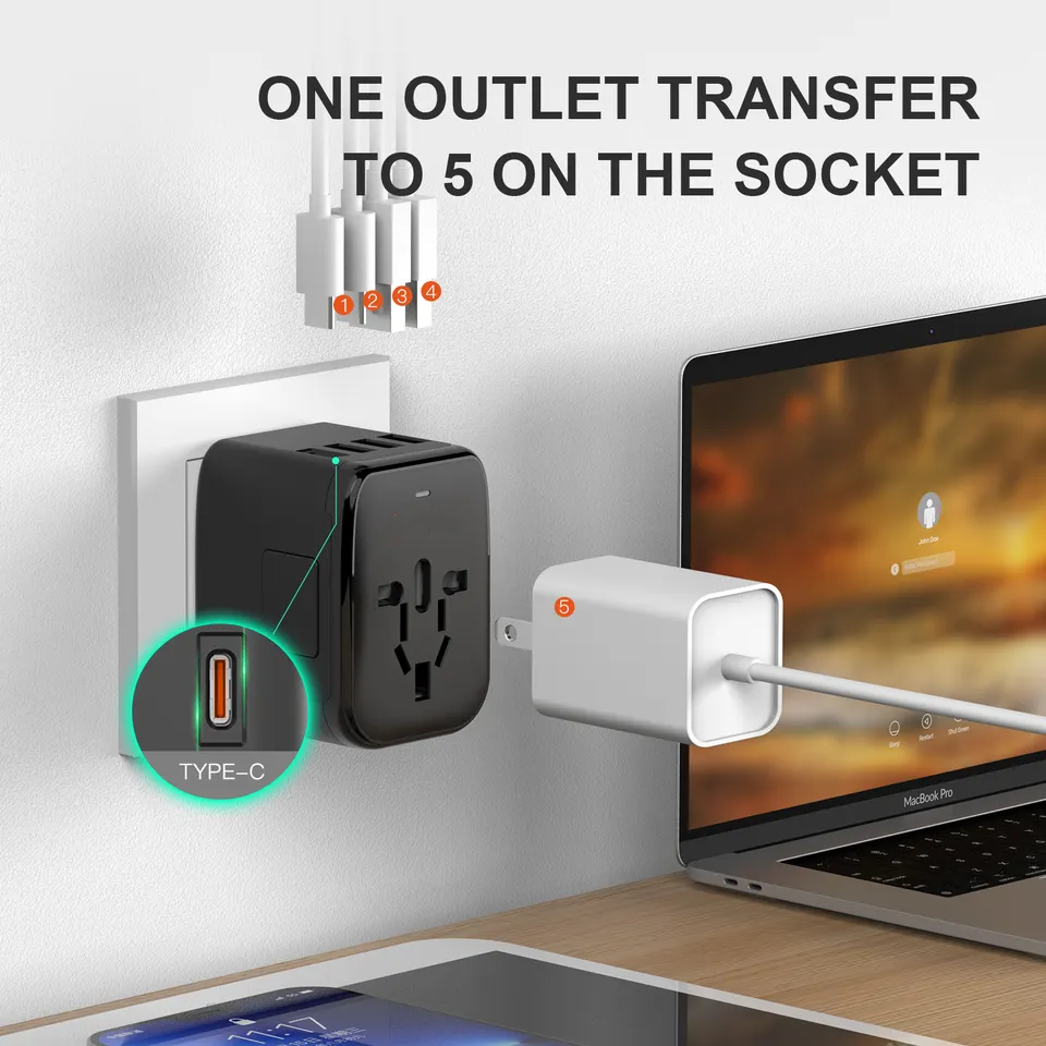 Portable Plug Universal Travel Adapter with USB C,Electrical Socket Electric Accessories World Travel Adapter 8A CE ROHS FCC