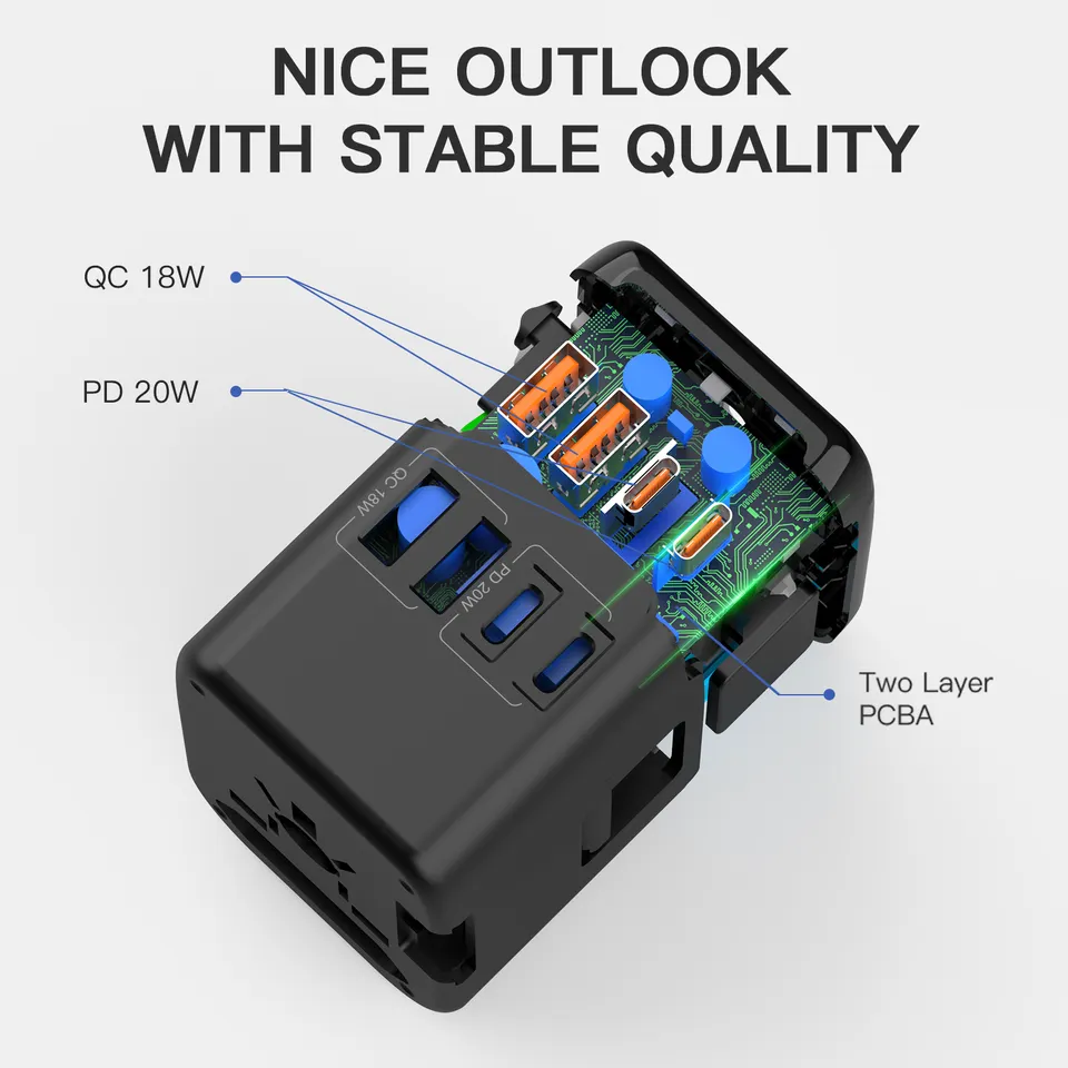 Portable Plug Universal Travel Adapter with USB C,Electrical Socket Electric Accessories World Travel Adapter 8A CE ROHS FCC