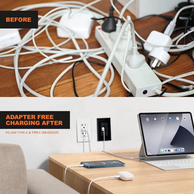 USB Wall Plug Socket White Black Colorful 20A American Duplex Receptacle Outlet With USB Typa A and Type C Connector Port