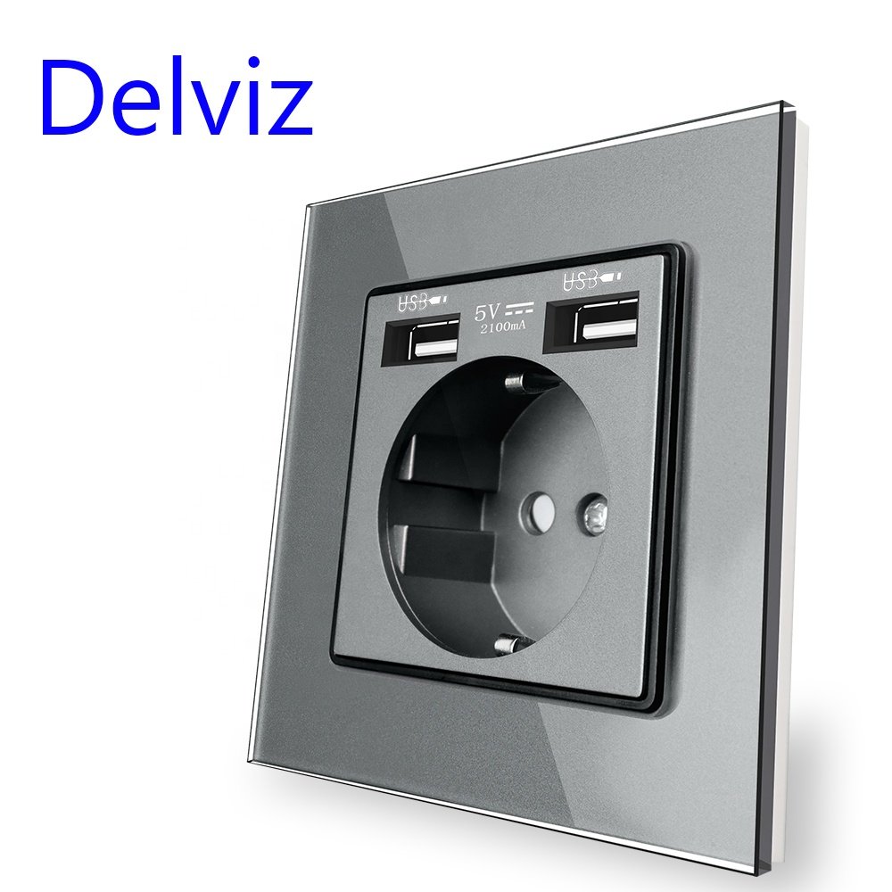 Delviz European electrical outlet, Toughened Crystal Glass Panel, 5V charging port, 16A Power plug EU standard USB Wall Socket