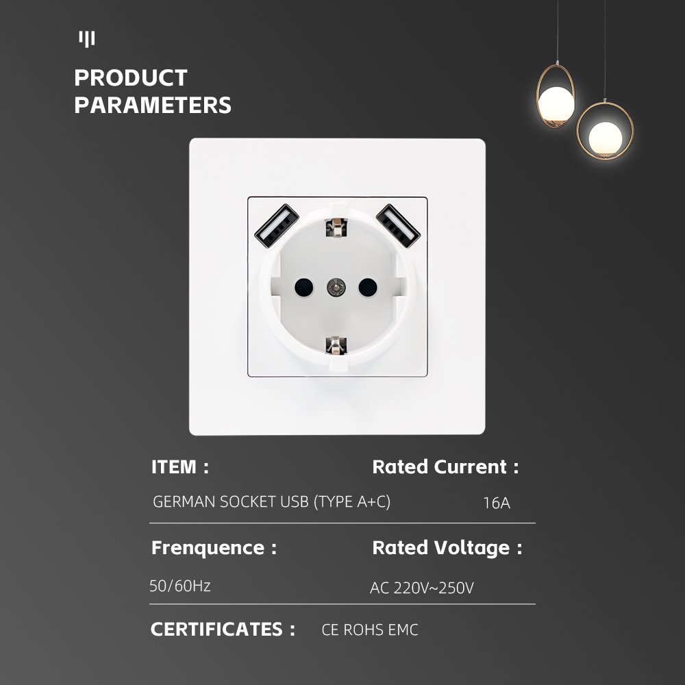 Germany Schuko Panel 220V And 110V Socket For USB 2P+E Power Socket With Double 5V 2.1A Type A USB