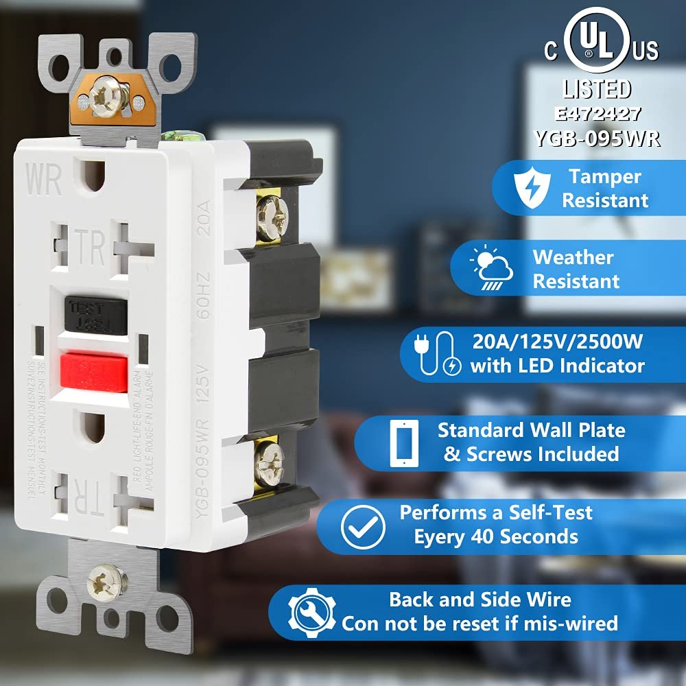 20A 125V Tamper-Resistant Weather Resident Self-Test GFCI Socket for US Standard Plug