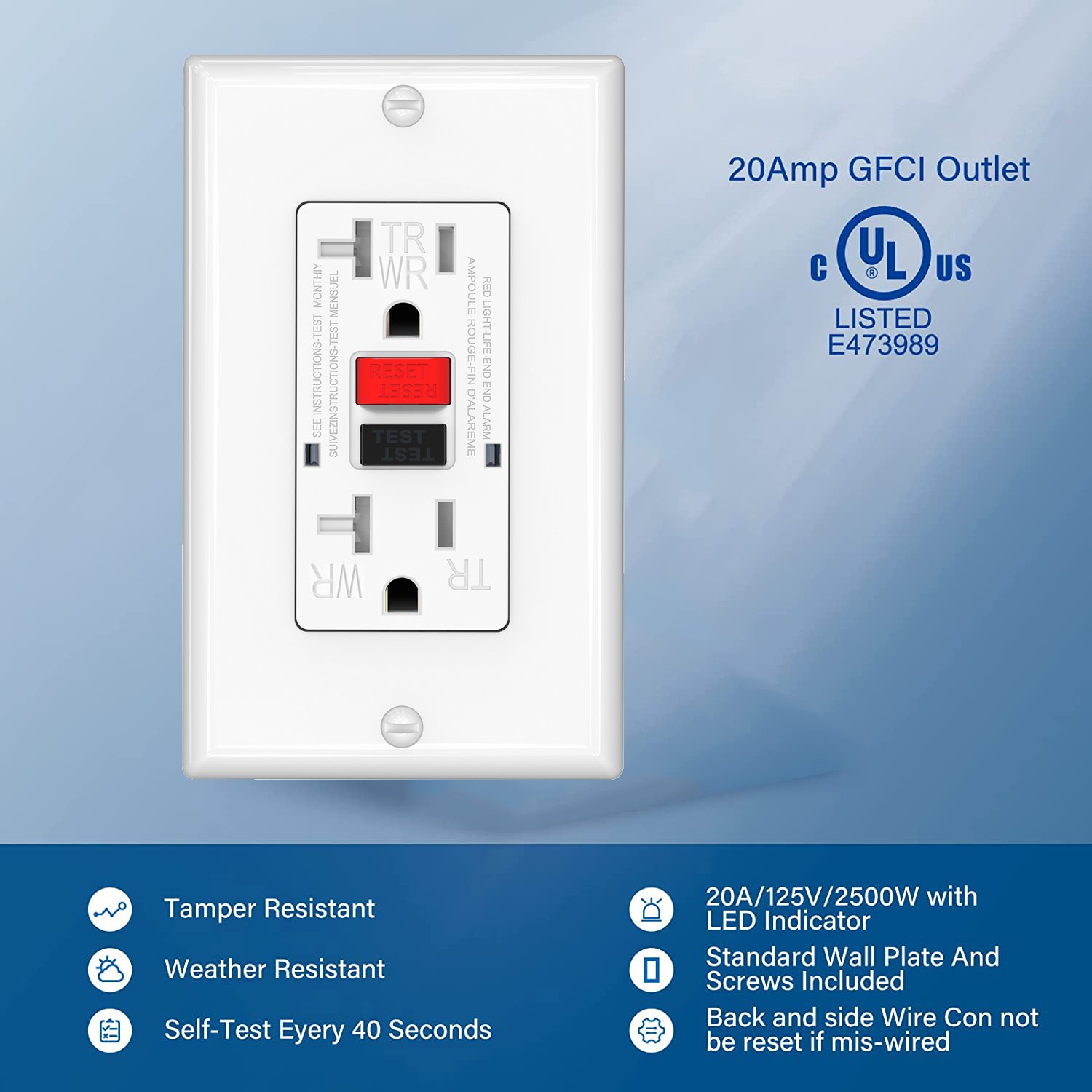 20A 125V Tamper-Resistant Weather Resident Self-Test GFCI Socket for US Standard Plug
