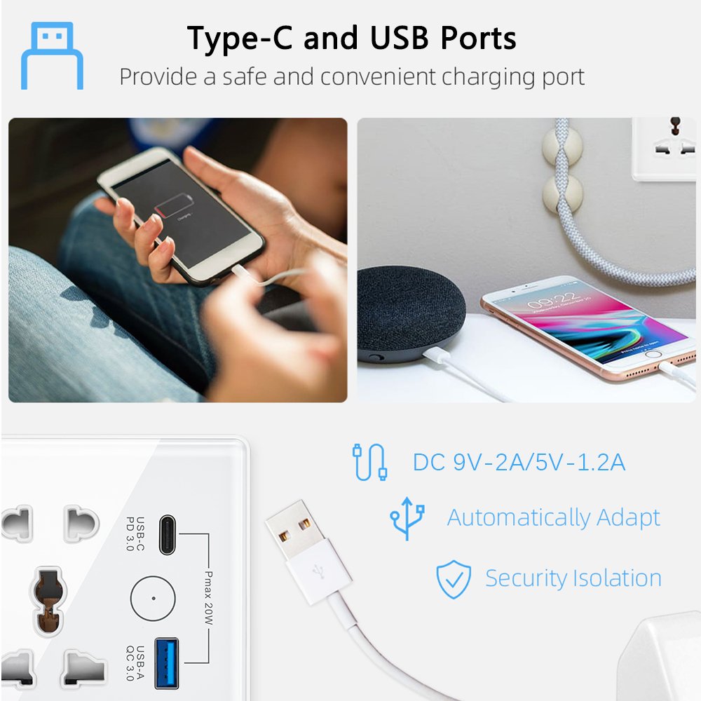 Smart Home Tuya Wifi Smart Touch Panel Switch and Socket with USB USA 20W fast charge Universal Zigbee Power Wall Plugs Socket