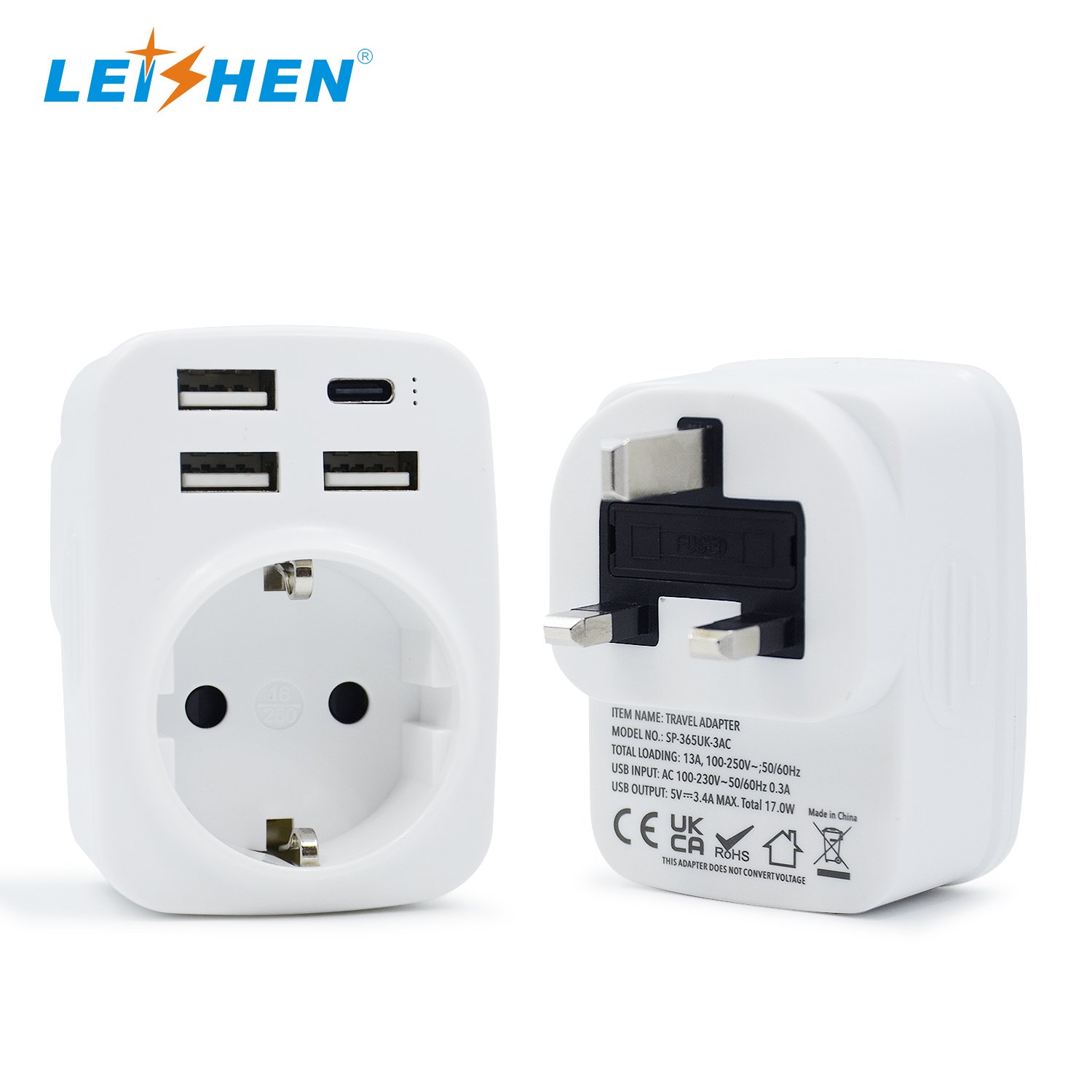 European Travel Plug Adapter EU to UK International Power Adaptor with USB C EU Outlets 5 in 1 plug adapter USB fast charging