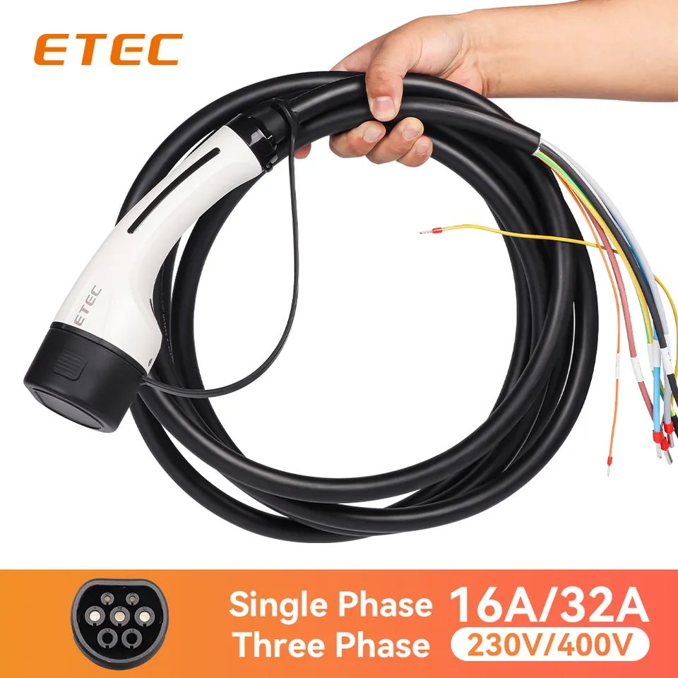 ETEC OEM 32A EV Cable Charging Plug 7.3kw Ev Charger Type2 Ev Charging Plug with 5m Cable