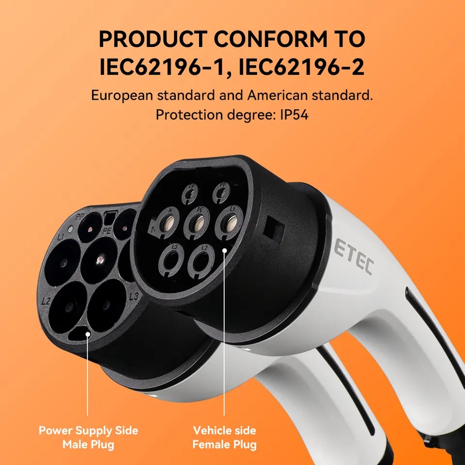 ETEC OEM 32A EV Cable Charging Plug 7.3kw Ev Charger Type2 Ev Charging Plug with 5m Cable