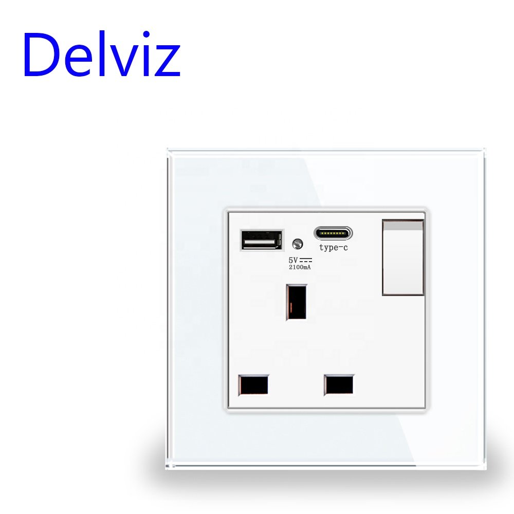 Delviz With Switch control, Crystal Glass Panel, 13A Electric plug Outlet, 5V USB Port, UK standard Type C USB Wall Power Socket