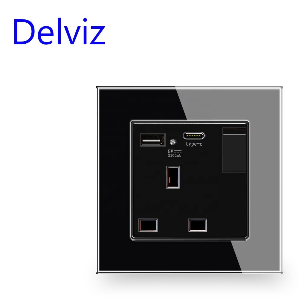 Delviz With Switch control, Crystal Glass Panel, 13A Electric plug Outlet, 5V USB Port, UK standard Type C USB Wall Power Socket