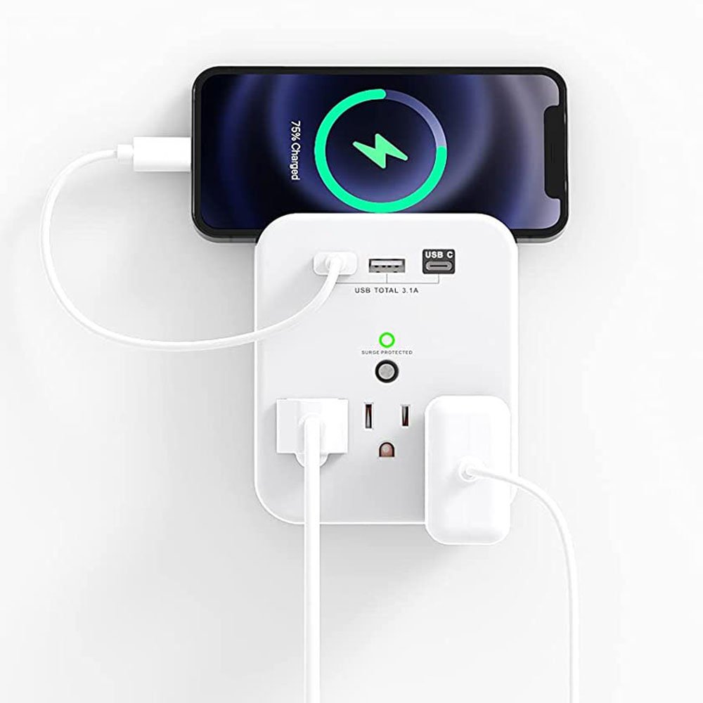 Tonghua 3 Way Wall Tap with 3USB wall outlet extender with shelf and night light charger wall multiple plug power adapter