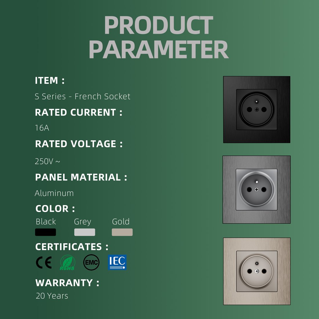 EU Standard 16A French Power Socket Wall Electric Square Socket Plug EU standard Power Single Outlet Black Gold Grey 250V
