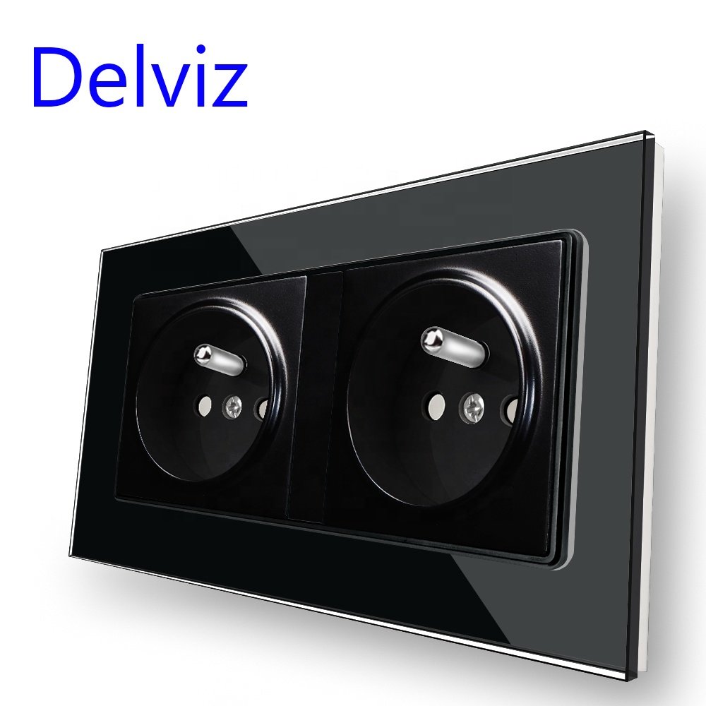 Delviz AC 110V~250V France Socket, Toughened Crystal Glass Panel, Double 16A Power plug, French standard electrical Wall Outlet