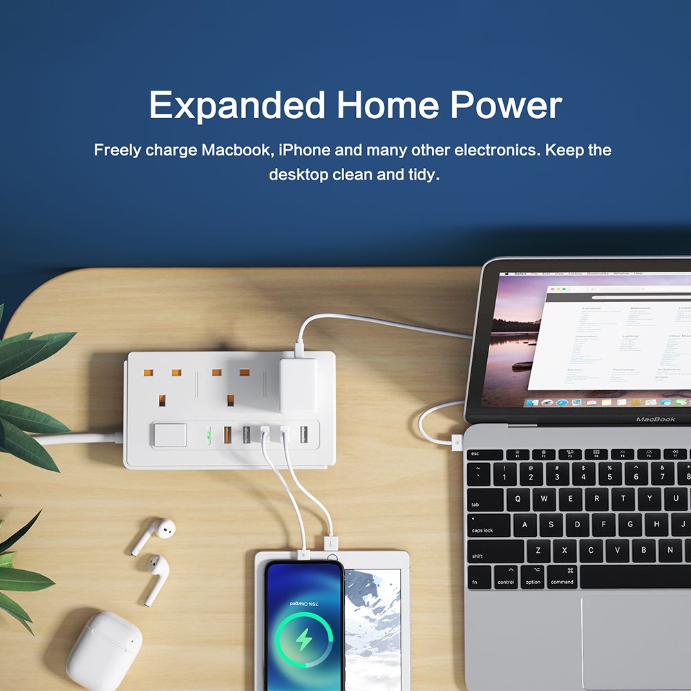 Widely Spaced 3AC Outlets 5 USB Ports UK Flat Plug Surge Protector Power Strip Electrical Extension Sockets For Home Office