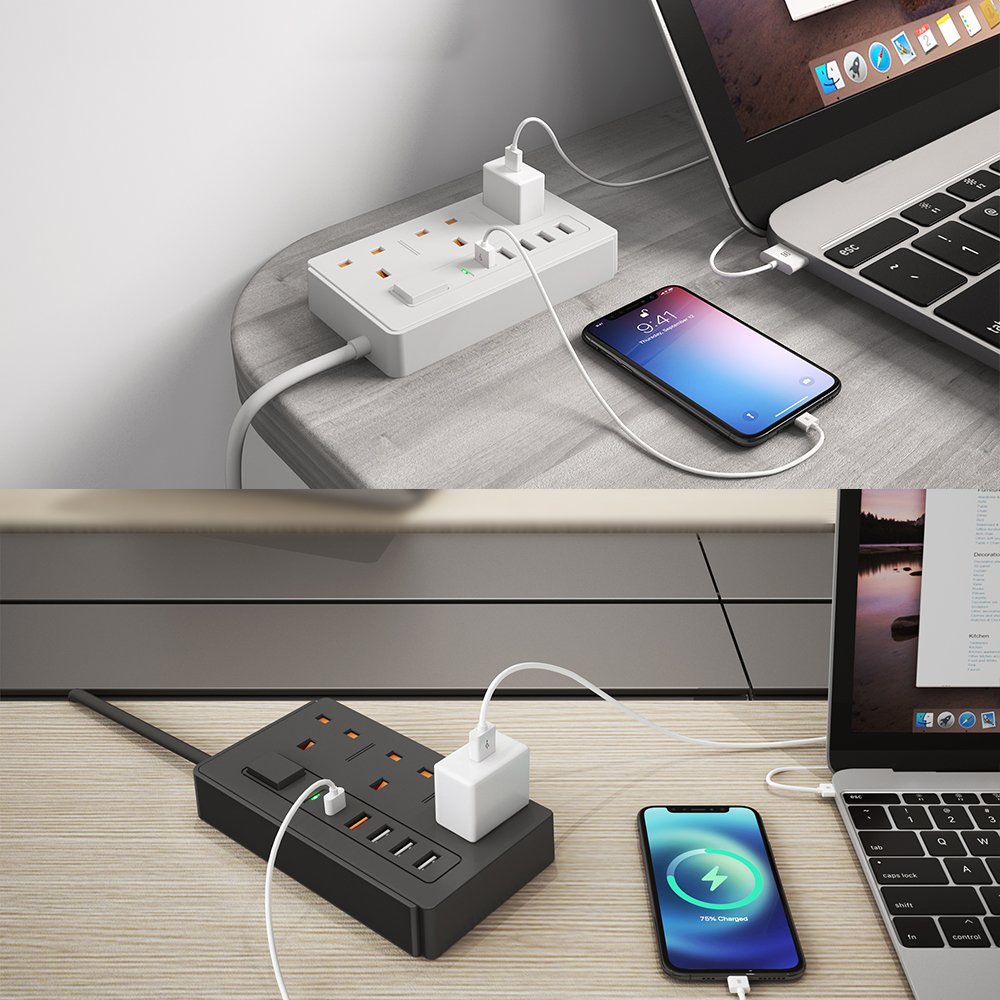 Widely Spaced 3AC Outlets 5 USB Ports UK Flat Plug Surge Protector Power Strip Electrical Extension Sockets For Home Office