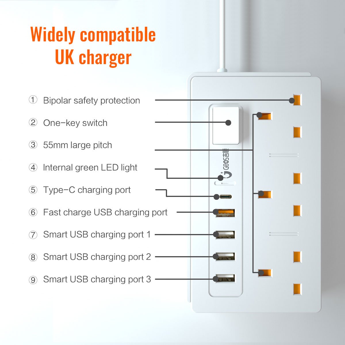 Widely Spaced 3AC Outlets 5 USB Ports UK Flat Plug Surge Protector Power Strip Electrical Extension Sockets For Home Office