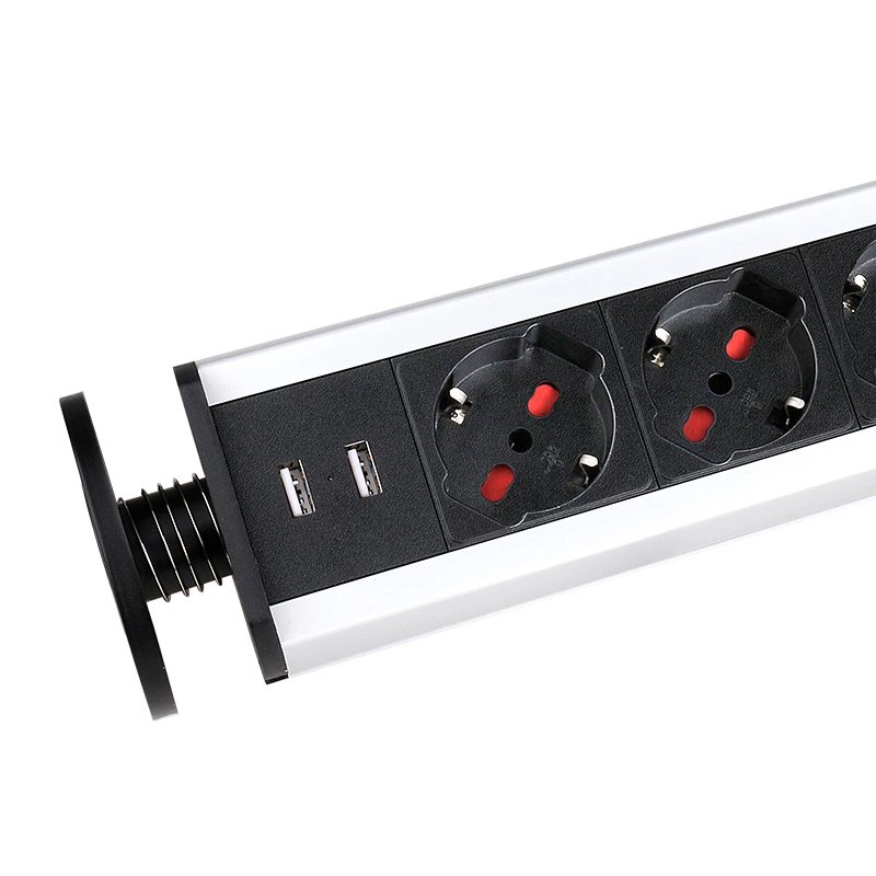 13A PULL POP UP 3 Italy / Chile Plug Socket Dual USB Charge Port Kitchen Table Desktop Outlet Silver Black Aluminum Body