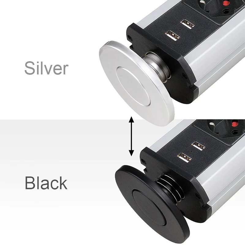 13A PULL POP UP 3 Italy / Chile Plug Socket Dual USB Charge Port Kitchen Table Desktop Outlet Silver Black Aluminum Body