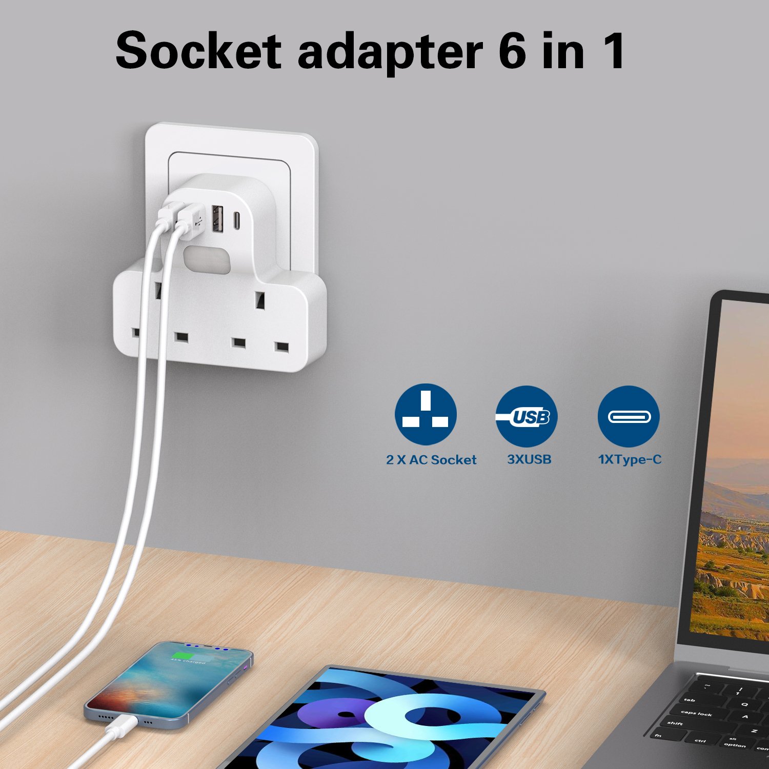 BS UK Plug Extension Socket Multi Adaptor 3 Way Adapter Turn 1 into 3 Wall Socket Extender without Cable UK Plug extension