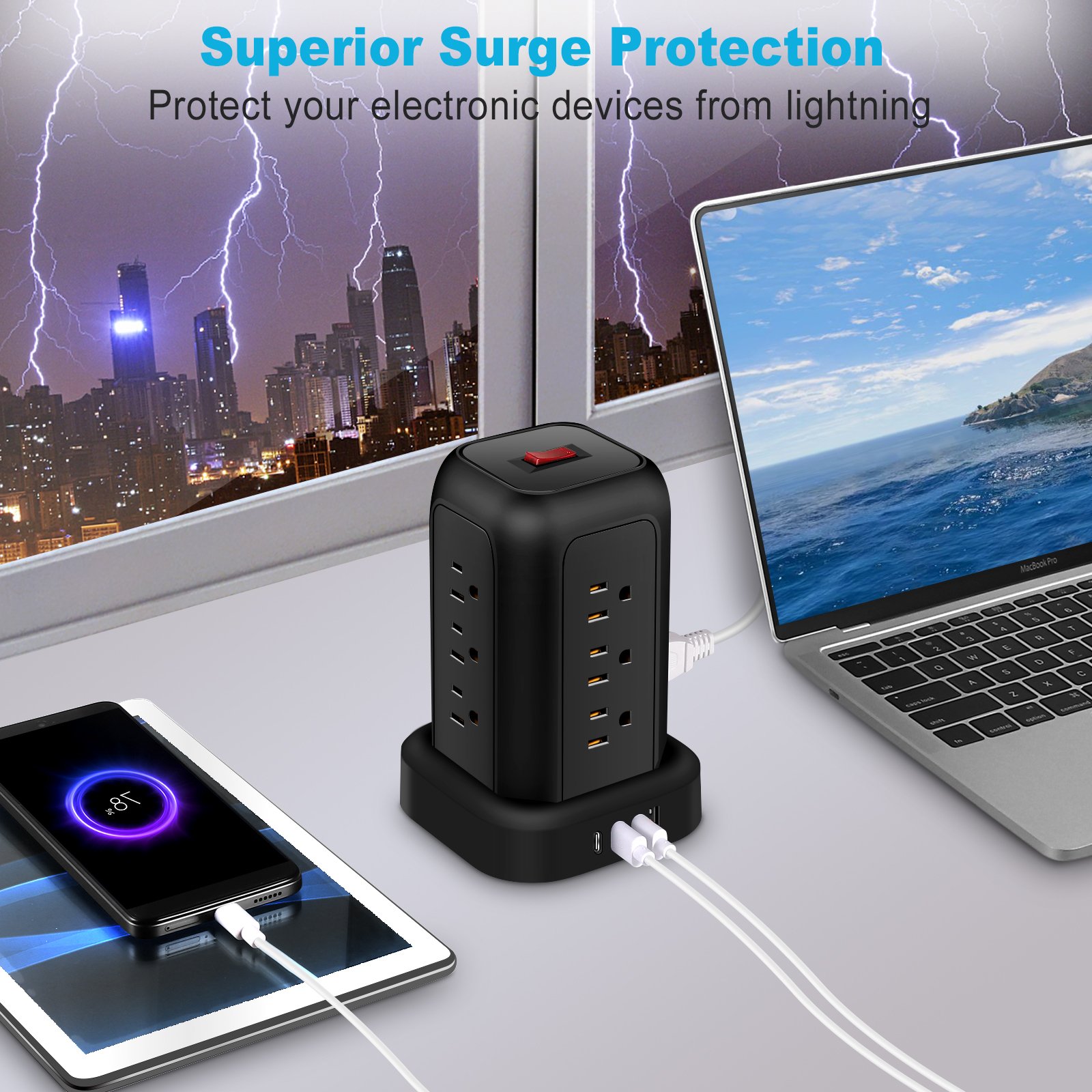 Tower Extension Lead Surge Protected Multi Plug Extension Outlets USB Ports Power Strip