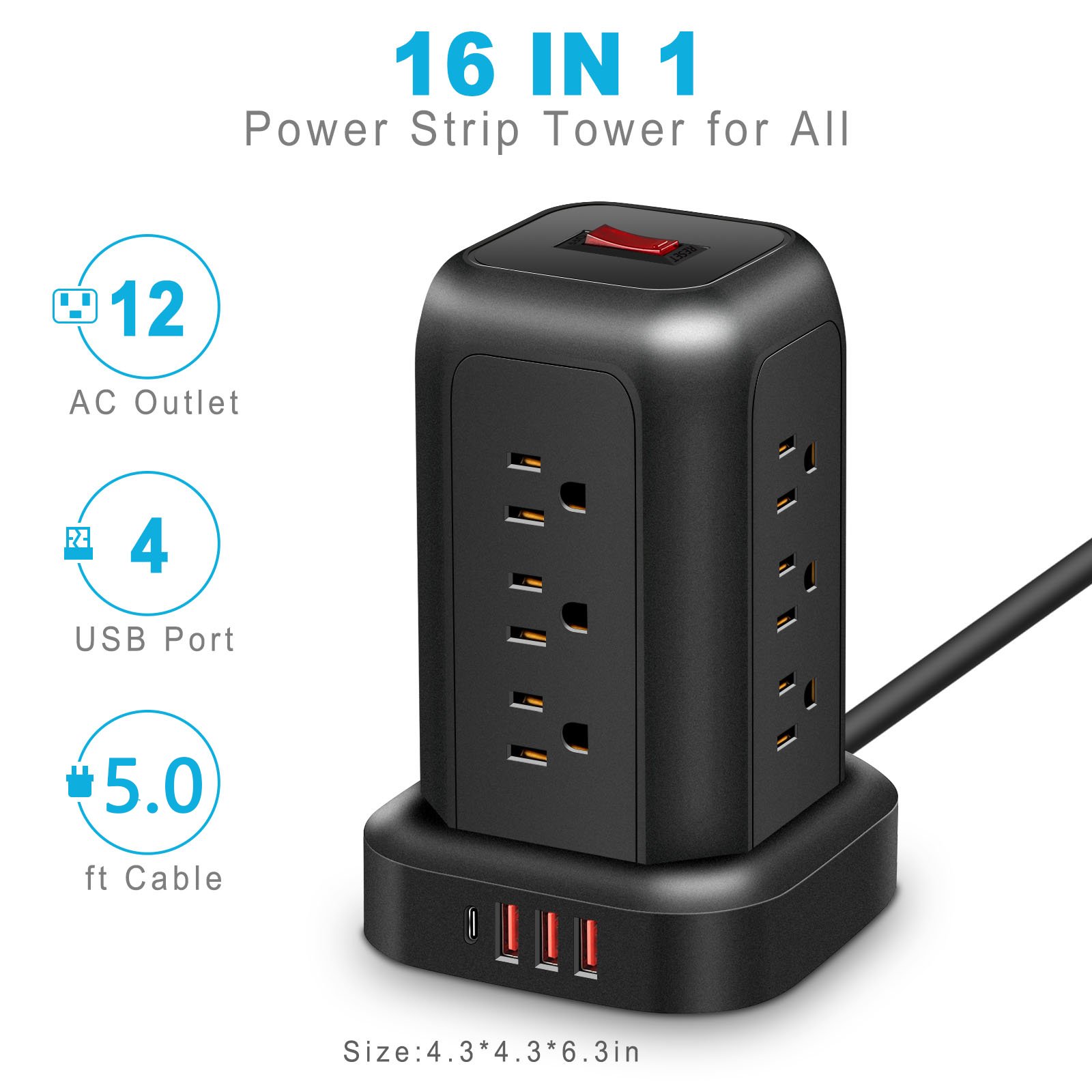 Tower Extension Lead Surge Protected Multi Plug Extension Outlets USB Ports Power Strip