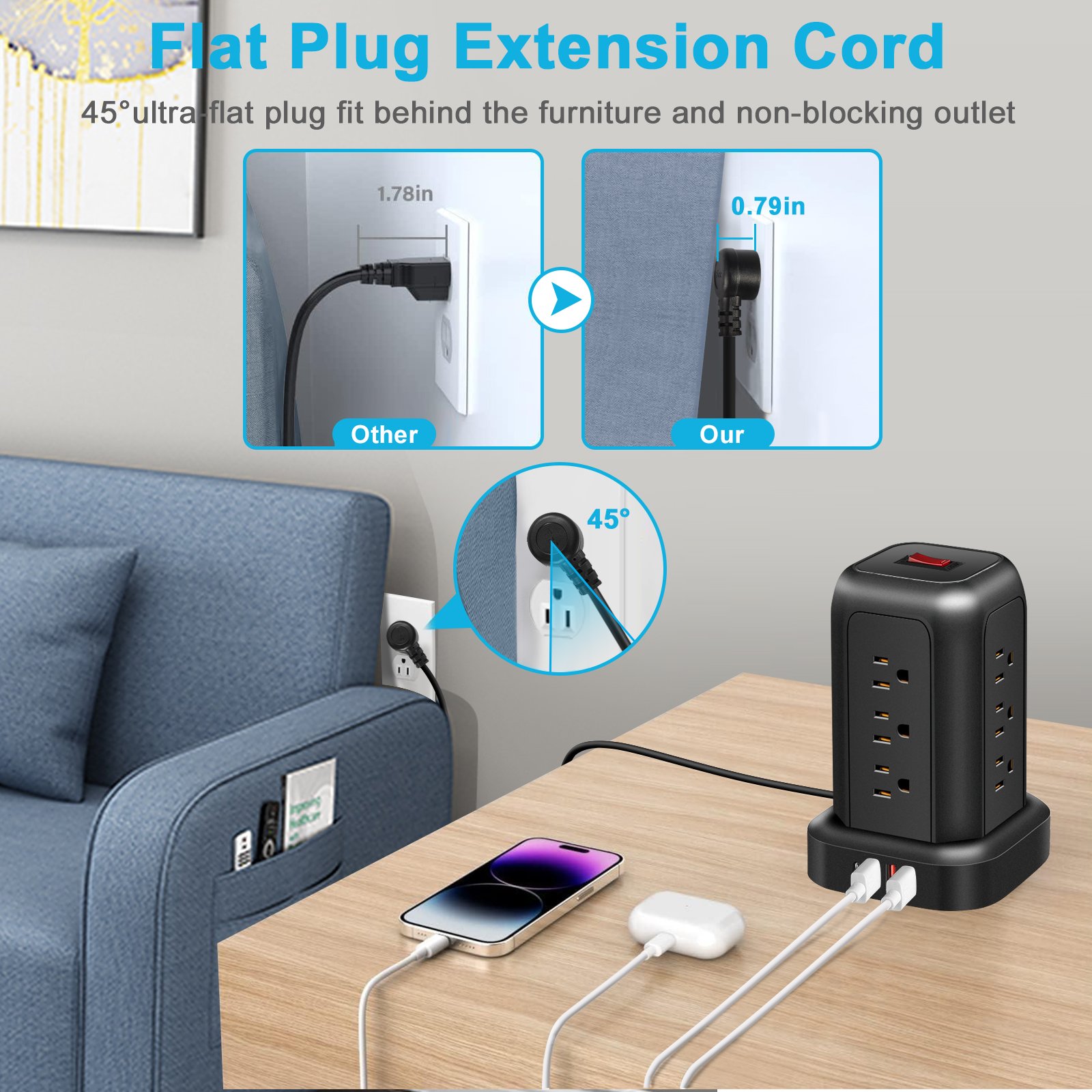 Tower Extension Lead Surge Protected Multi Plug Extension Outlets USB Ports Power Strip