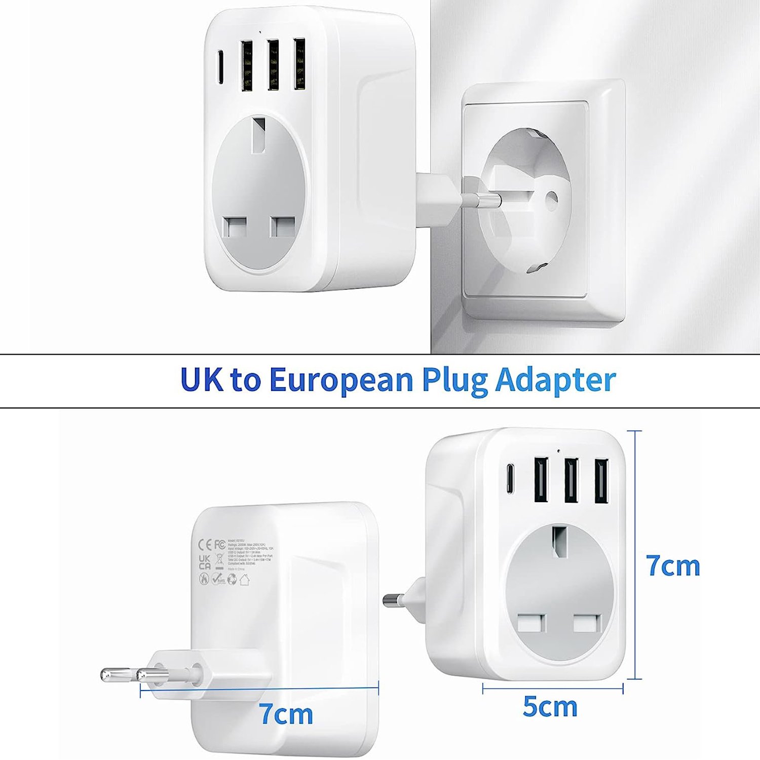 UK to European Plug Adapter with USB Ports Travel Adapter for EU Germany etc Type C Plug AC Current Usage