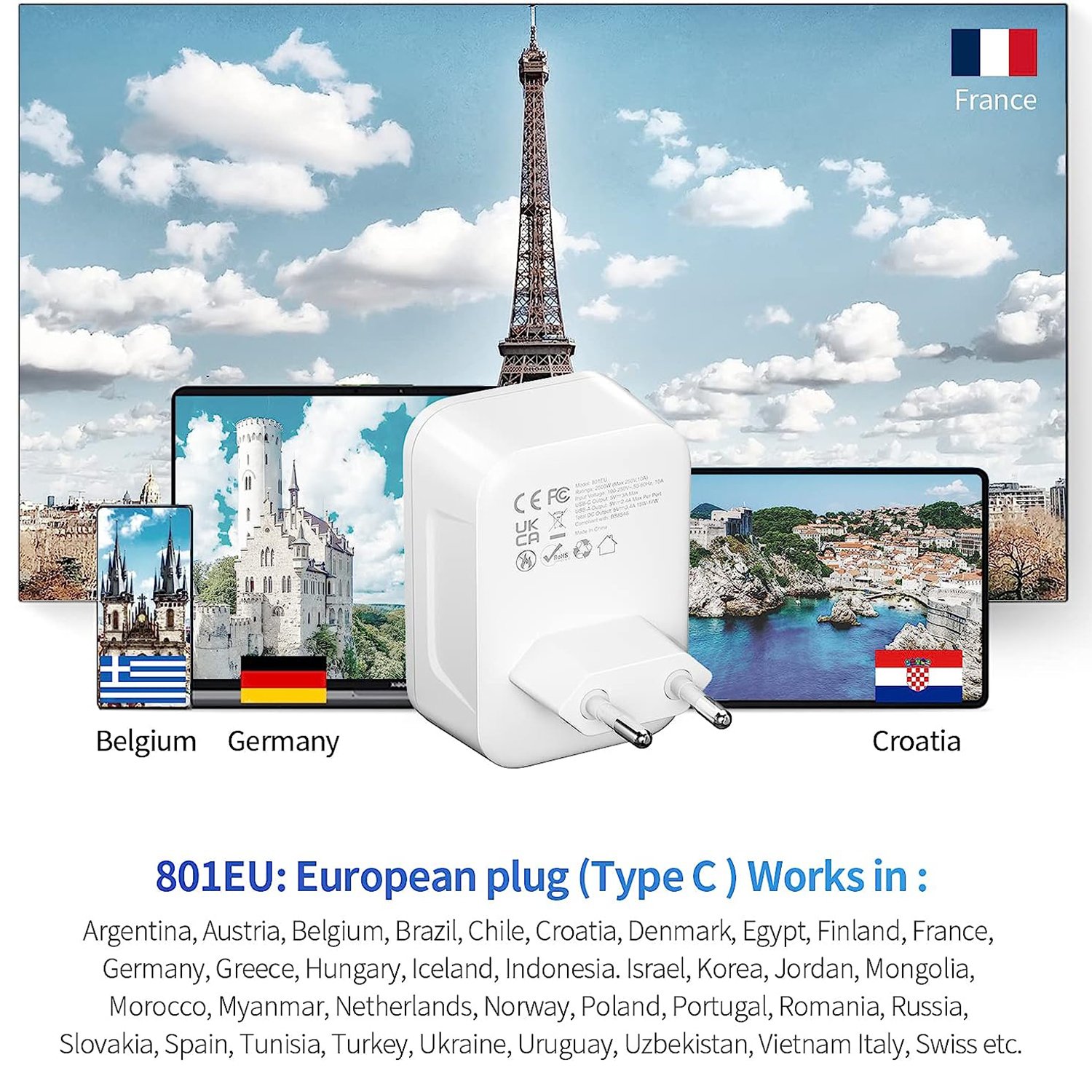 UK to European Plug Adapter with USB Ports Travel Adapter for EU Germany etc Type C Plug AC Current Usage