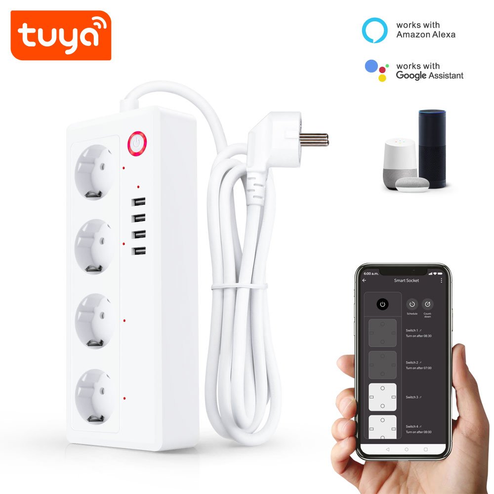 Hot Tuya Smart WiFi EU Four Outlet Plug Smart Socket PST-SA-P702U