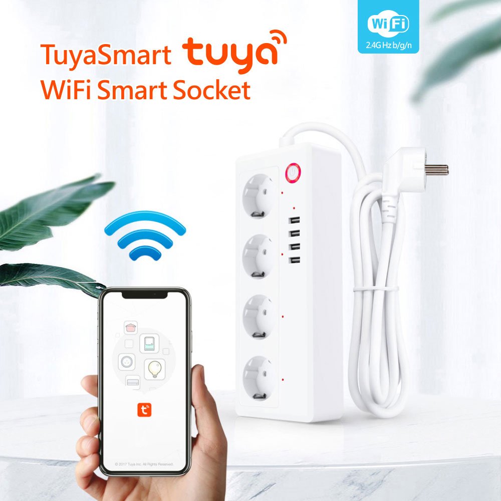 Hot Tuya Smart WiFi EU Four Outlet Plug Smart Socket PST-SA-P702U