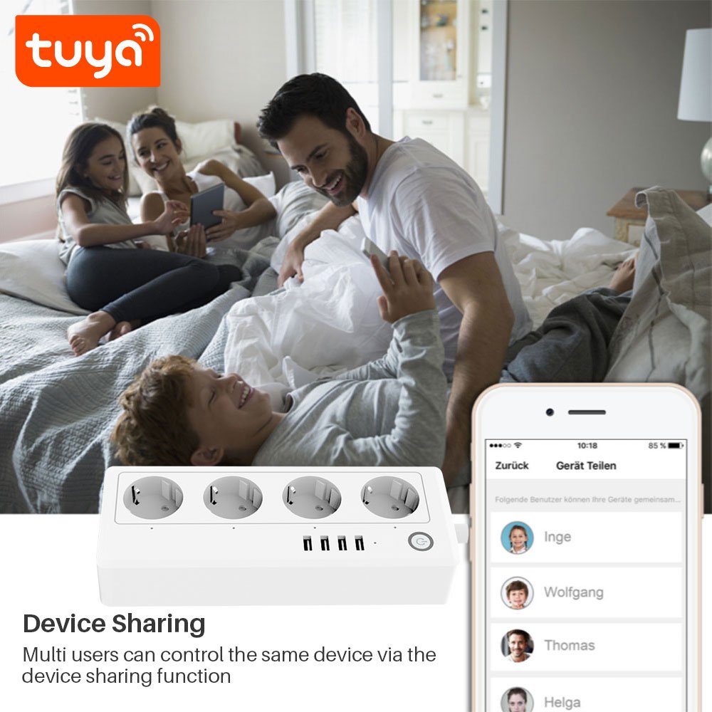 Hot Tuya Smart WiFi EU Four Outlet Plug Smart Socket PST-SA-P702U