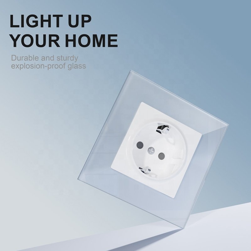 220V 16A EU Germany Schuko Wall Plug and Sockets Tampered Glass Panel Socket Frame