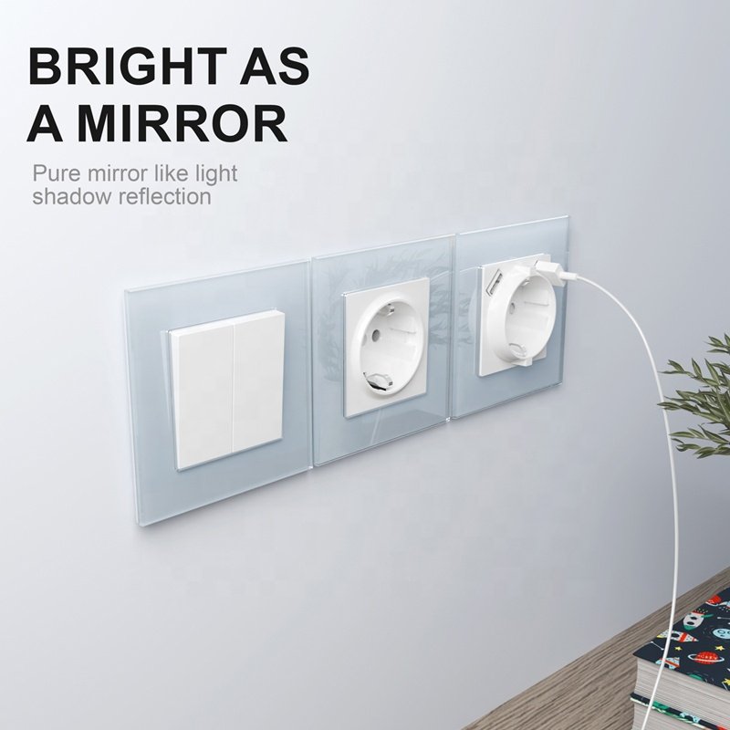 220V 16A EU Germany Schuko Wall Plug and Sockets Tampered Glass Panel Socket Frame